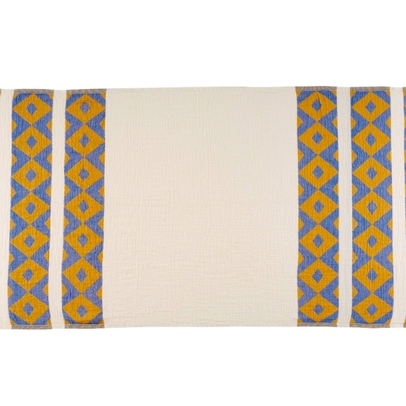 Quilted Boho Tablecloth Loom Weave Organic Cotton Blue Gold Cream Tablescape - Picture 1 of 10